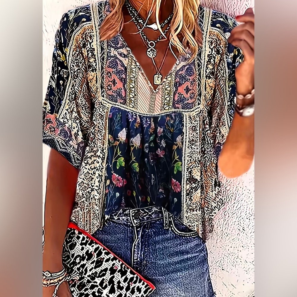 CLEARANCE NWOT Ethnic Floral Print Blouse, Boho V Neck Half Sleeve